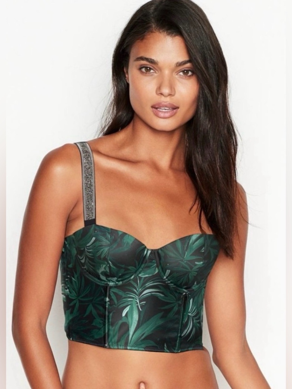 NWT VS VERY SEXY Dark Green Floral Lightly Lined Shine Strap Bra Top - 36C